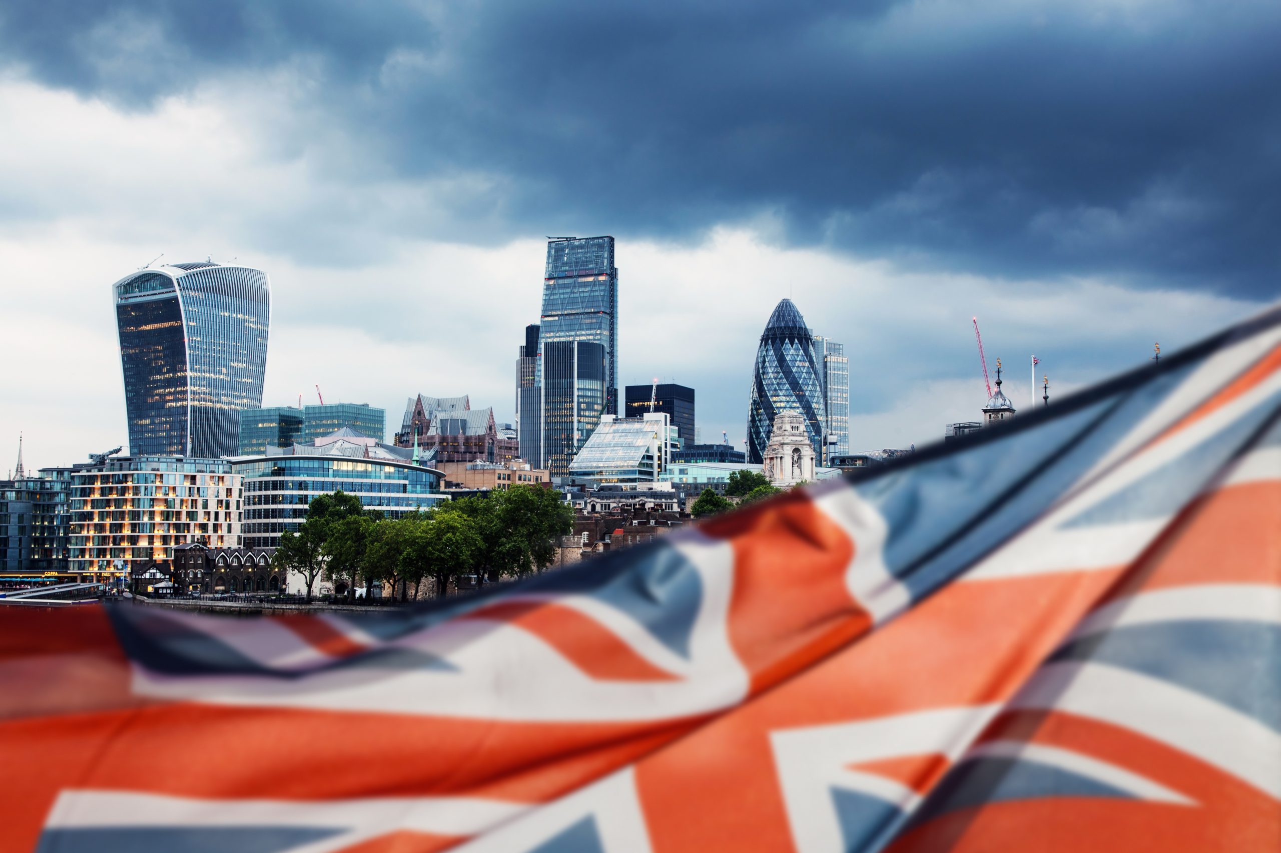 union jack flag and London panorama in the background – general elections, UK