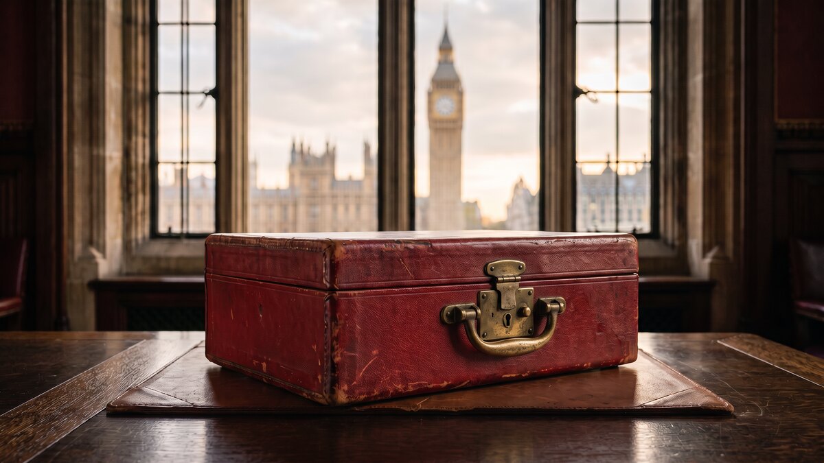 Red Budget box on a desk in front of the Houses of Parliament and Elizabeth Tower, representing the UK Budget 2026